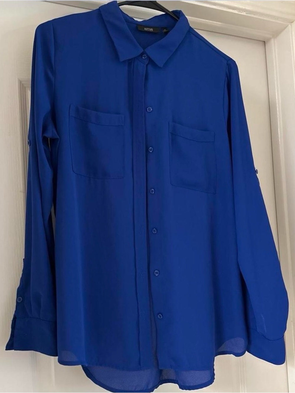 Women’s Sheer Royal Blue Button-Up Dress Shirt